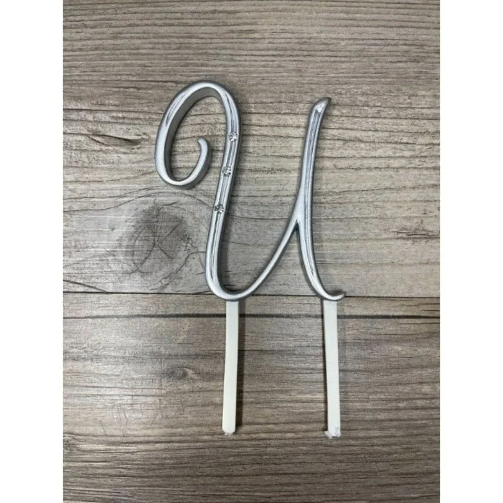 Wedding Small U Silver Finish Monogram Initial Rhinestones Cake Topper